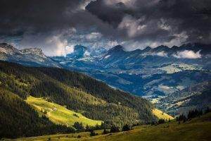 landscape, Nature, Mountain, Forest, Alps, Clouds, Switzerland, Green, Blue, Summer, Trees