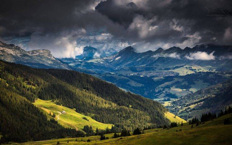 landscape, Nature, Mountain, Forest, Alps, Clouds, Switzerland, Green, Blue, Summer, Trees HD Wallpaper Desktop Background