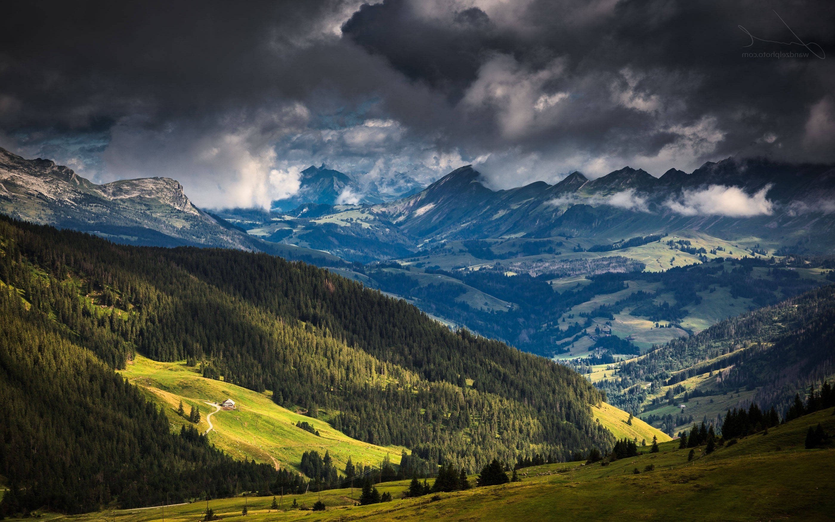 landscape, Nature, Mountain, Forest, Alps, Clouds, Switzerland, Green, Blue, Summer, Trees Wallpaper