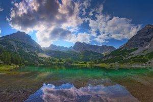 nature, Landscape, Summer, Lake, Mountain, Sunrise, Austria, Clouds, Trees, Water, Reflection