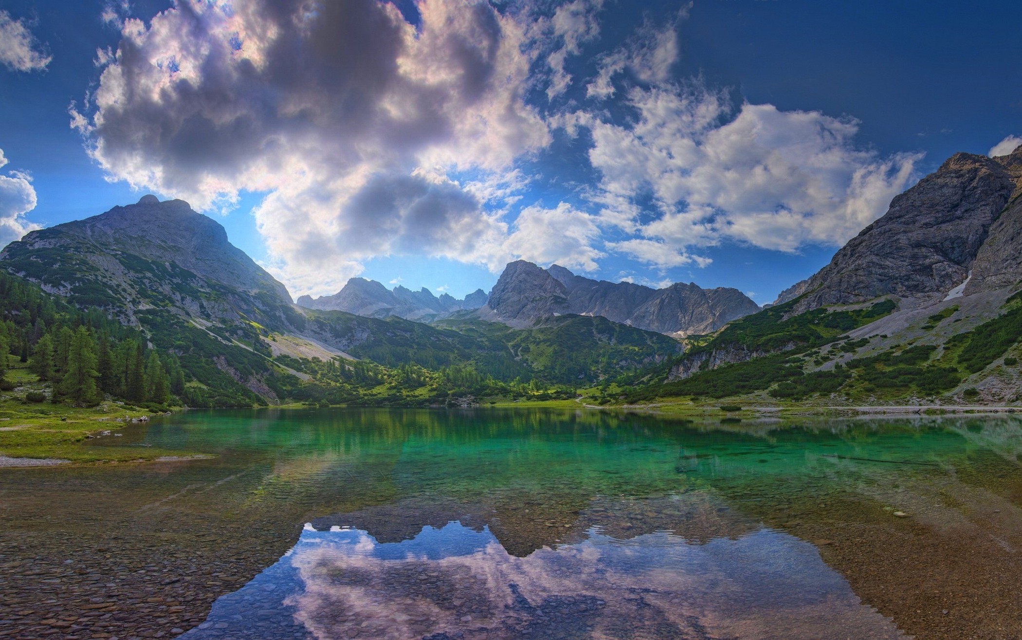nature, Landscape, Summer, Lake, Mountain, Sunrise, Austria, Clouds, Trees, Water, Reflection Wallpaper