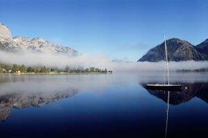 lake, Smoke, Boat, Mountain, Reflection
