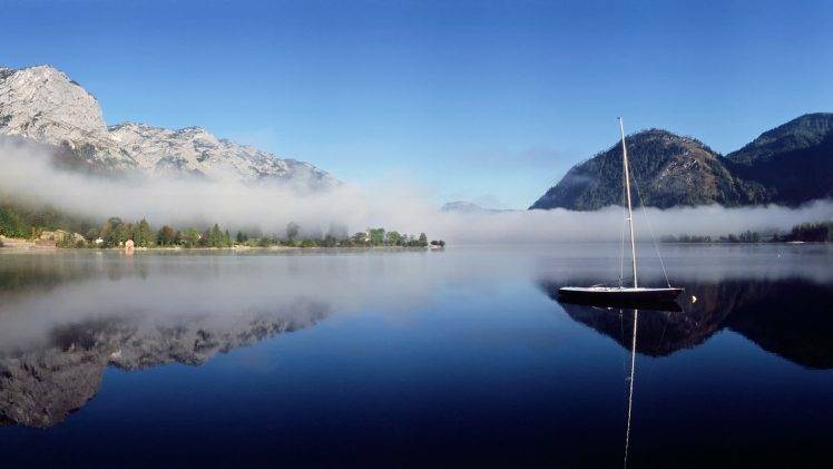lake, Smoke, Boat, Mountain, Reflection HD Wallpaper Desktop Background