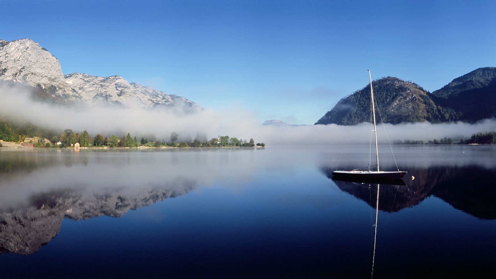 lake, Smoke, Boat, Mountain, Reflection Wallpaper