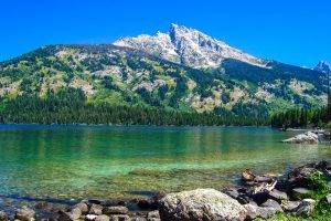 landscape, Nature, Mountain, Forest, Lake, Water, Calm, Stones, Pine Trees, Clear Sky