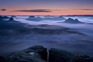 nature, Landscape, Mist, Sunrise, Forest, Mountain, Clouds, Puddle, Germany, Blue