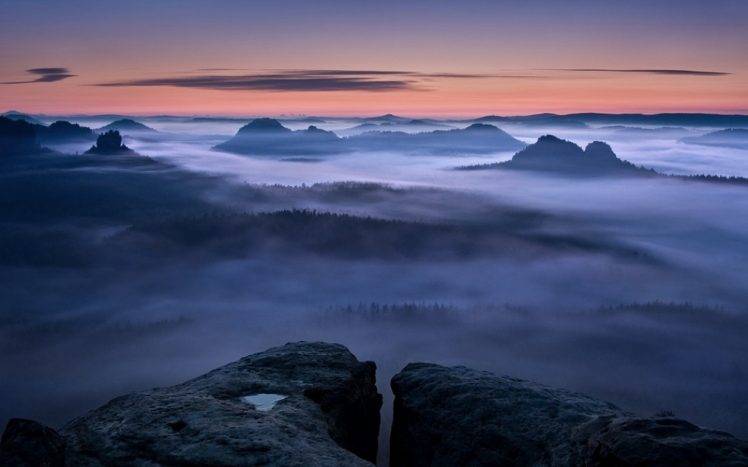 nature, Landscape, Mist, Sunrise, Forest, Mountain, Clouds, Puddle, Germany, Blue HD Wallpaper Desktop Background