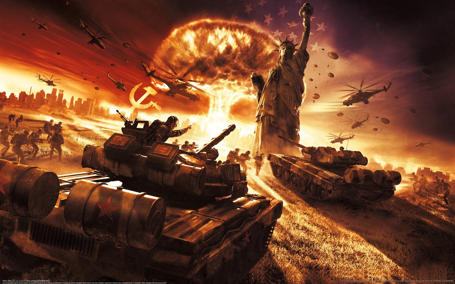 world In Conflict, Video Games, Soviet Army, Soviet Union, USSR, Statue, Statue Of Liberty, Aircraft, Military Aircraft, Helicopters, War, Explosion, Nuclear, Soldier, World War III Wallpaper