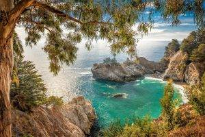 landscape, Nature, California, Beach, Coves, Waterfall, Coast, Sea, Trees, Shrubs, Rock