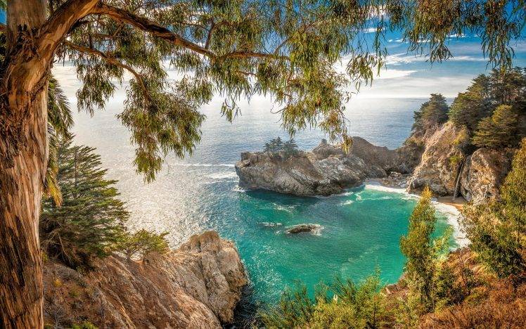 landscape, Nature, California, Beach, Coves, Waterfall, Coast, Sea, Trees, Shrubs, Rock HD Wallpaper Desktop Background