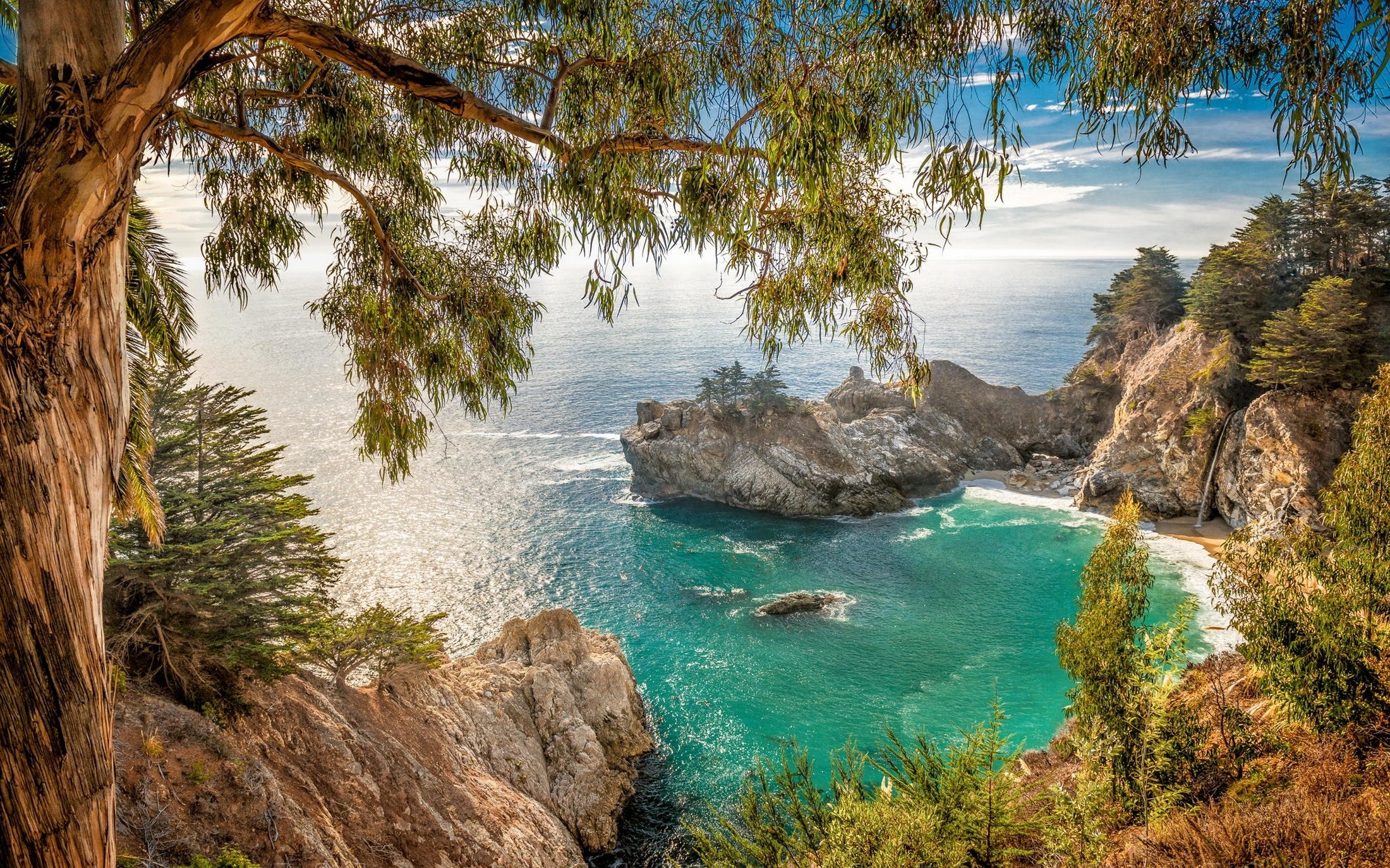 landscape, Nature, California, Beach, Coves, Waterfall, Coast, Sea, Trees, Shrubs, Rock Wallpaper