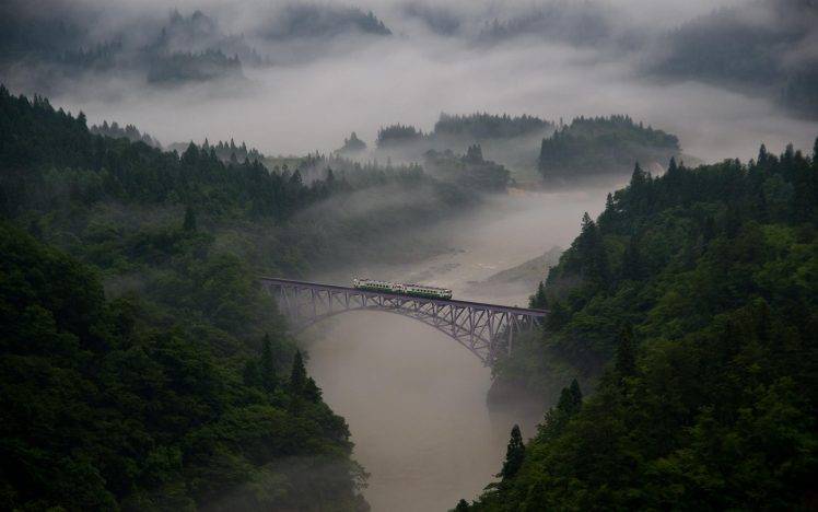 landscape, Nature, Mist, Morning, Train, Bridge, Forest, Mountain, Trees HD Wallpaper Desktop Background