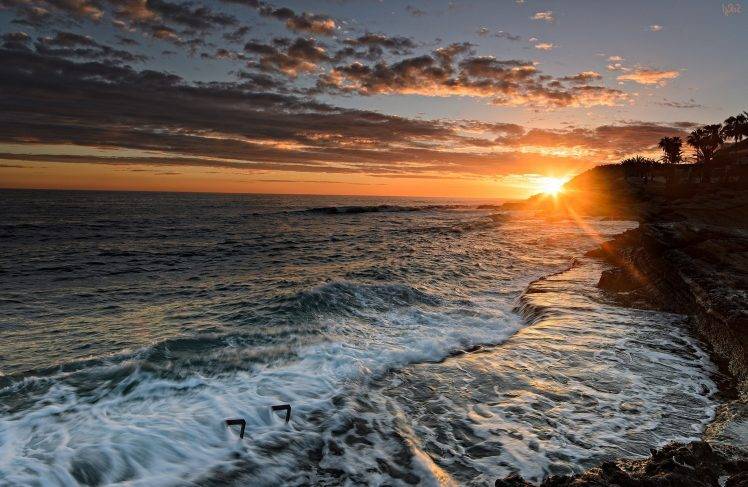 nature, Sea, Waves, Sunset, Coast, Rock, Water, Lens Flare, Sunlight HD Wallpaper Desktop Background