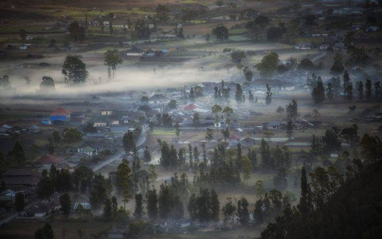 landscape, Nature, Mist, Valley, Sunrise, Village, Trees, Morning, Indonesia HD Wallpaper Desktop Background