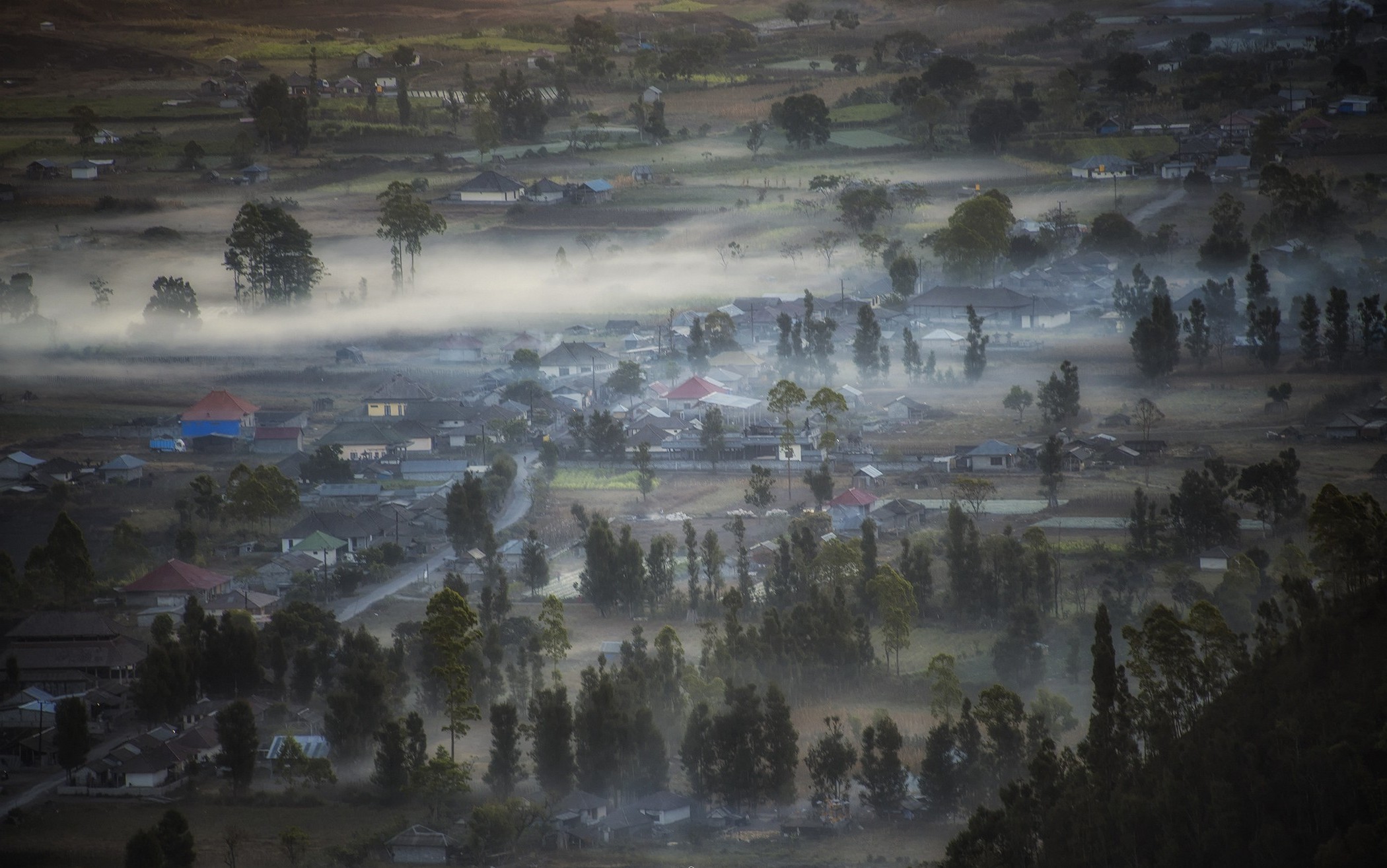landscape, Nature, Mist, Valley, Sunrise, Village, Trees, Morning, Indonesia Wallpaper