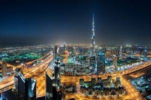 landscape, Cityscape, Dubai, Skyscraper, Night, Lights, Mist, United Arab Emirates, Highway, Burj Khalifa, Architecture, Modern, Urban, Metropolis