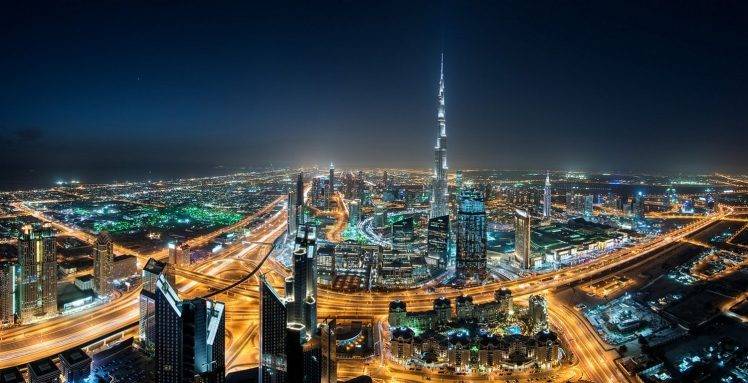 landscape, Cityscape, Dubai, Skyscraper, Night, Lights, Mist, United Arab Emirates, Highway, Burj Khalifa, Architecture, Modern, Urban, Metropolis HD Wallpaper Desktop Background