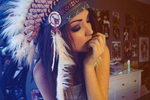 brunette, Native Americans, Headdress, Melanie Iglesias