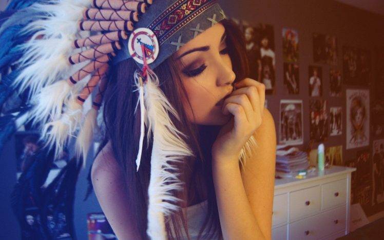 brunette, Native Americans, Headdress, Melanie Iglesias HD Wallpaper Desktop Background