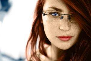 redhead, Blue Eyes, Glasses, Women, Freckles, Face