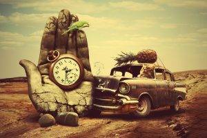car, Old Car, Hand, Clocks, Birds, Parrot, Cat, Pineapples, Smoke, Desert, Animals, Surreal, Stones, Rock, Fruit