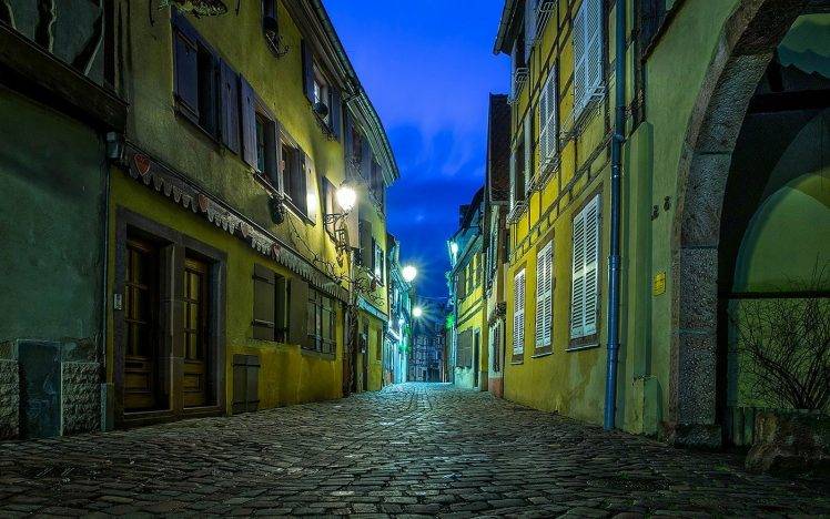 landscape, Urban, Street, Lights, Evening, Strasbourg, France, Architecture, Cobblestone, City HD Wallpaper Desktop Background