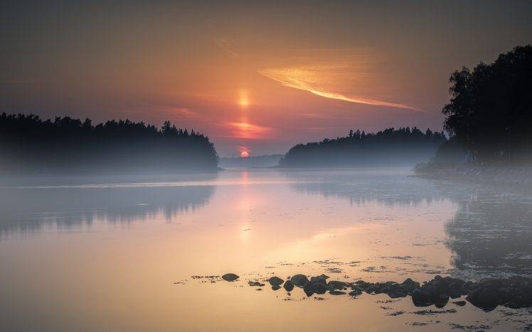 landscape, Nature, Lake, Mist, Sunset, Trees, Sky, Calm, Water HD Wallpaper Desktop Background