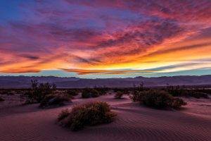 landscape, Nature, Desert, Sunset, Death Valley, Sand, Mountain, Shrubs, Sky, Clouds, Dune