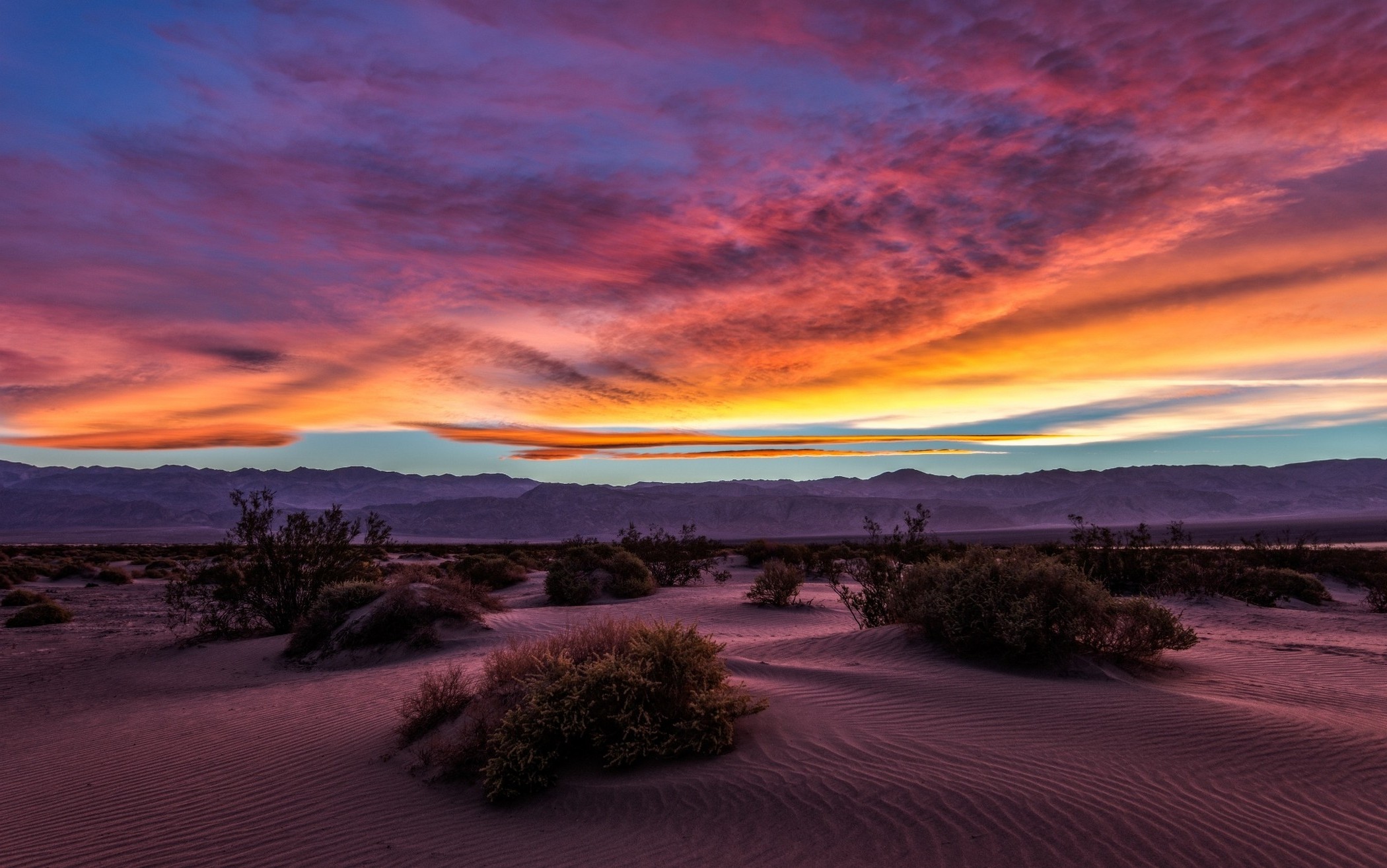 landscape, Nature, Desert, Sunset, Death Valley, Sand, Mountain, Shrubs, Sky, Clouds, Dune Wallpaper