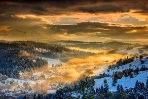 nature, Landscape, Winter, Sunset, Forest, Mountain, Clouds, Snow, Sky, Village, Poland, Mist, Valley