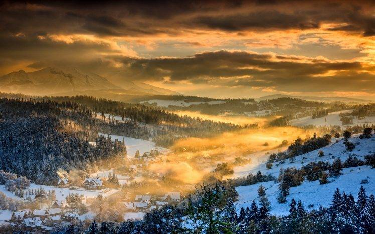 nature, Landscape, Winter, Sunset, Forest, Mountain, Clouds, Snow, Sky, Village, Poland, Mist, Valley HD Wallpaper Desktop Background