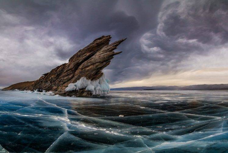nature, Landscape, Clouds, Sky, Lake, Frost, Ice, Rock, Lake Baikal, Russia, Cold HD Wallpaper Desktop Background