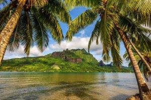 nature, Landscape, Clouds, Sky, Island, Bora Bora, Palm Trees, Sea, Bay, Mountain, Tropical