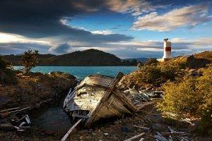 nature, Landscape, Lighthouse, Clouds, Sea, Shrubs, Chile, Morning, Ruin, Water