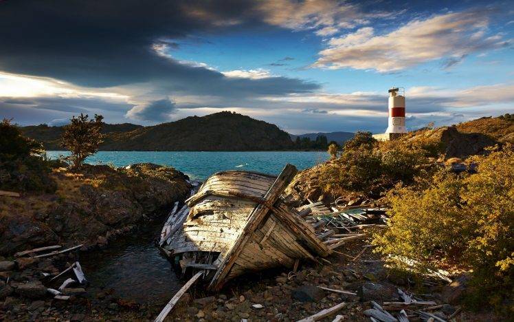 nature, Landscape, Lighthouse, Clouds, Sea, Shrubs, Chile, Morning, Ruin, Water HD Wallpaper Desktop Background