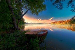 nature, Landscape, Sunrise, Abandoned, Boat, Forest, Fall, Trees, River, Mist, Shrubs, Water, Reflection, Clouds, Russia