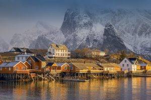 nature, Landscape, Village, Mountain, Sea, Fjord, Snowy Peak, Mist, Norway, Sunset