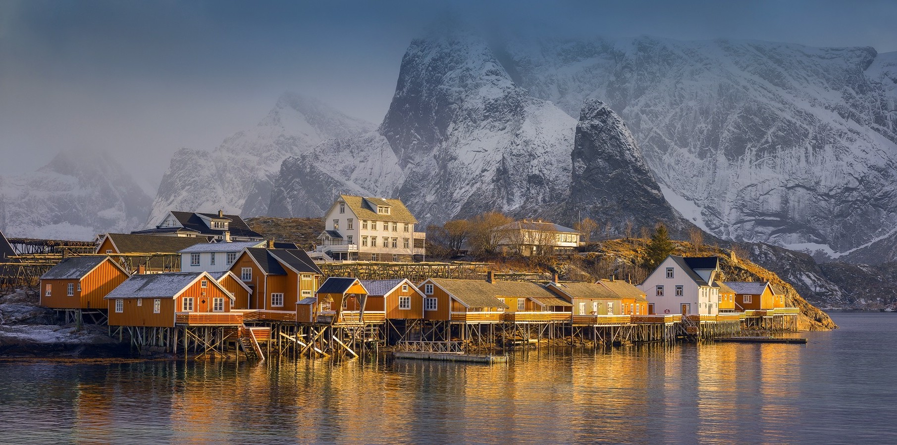 nature, Landscape, Village, Mountain, Sea, Fjord, Snowy Peak, Mist, Norway, Sunset Wallpaper