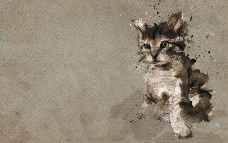 animals, Pet, Cat, Kittens, Digital Art, Painting, Text, Baby Animals, Paper, Paint Splatter HD Wallpaper Desktop Background