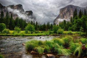 nature, Landscape, Mountain, Clouds, Trees, Forest, HDR, River, Cliff, Grass, Pine Trees, Overcast, Water