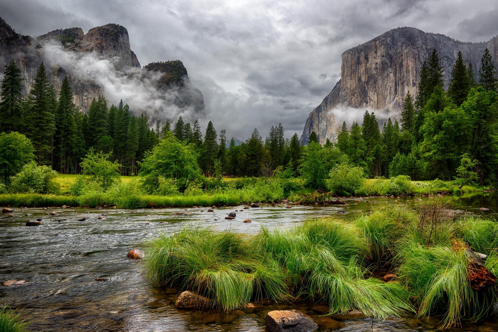 nature, Landscape, Mountain, Clouds, Trees, Forest, HDR, River, Cliff, Grass, Pine Trees, Overcast, Water Wallpaper
