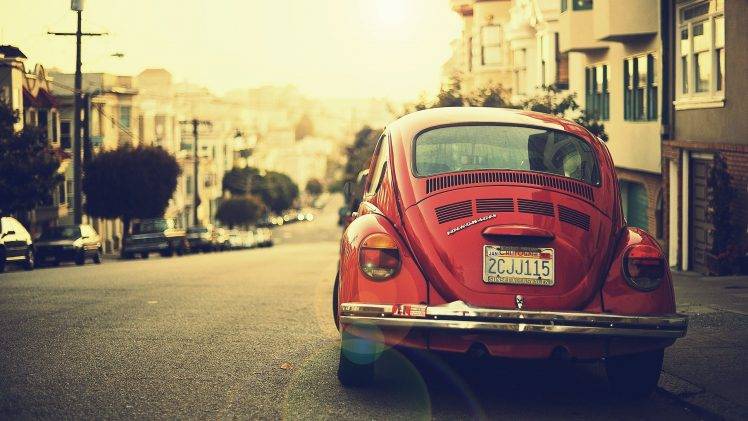 car, Volkswagen, Street, Road, Volkswagen Beetle, House, Vintage, Rear View, Red Cars, California, USA HD Wallpaper Desktop Background