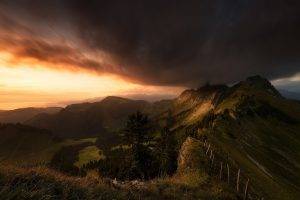 landscape, Nature, Mountain, Valley, Sunset, Clouds, Sky, Fence, Trees, Grass, Switzerland