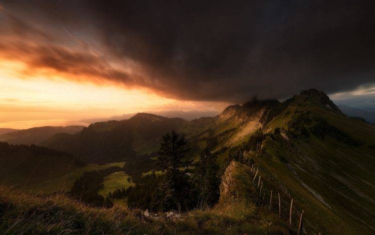 landscape, Nature, Mountain, Valley, Sunset, Clouds, Sky, Fence, Trees, Grass, Switzerland HD Wallpaper Desktop Background