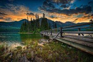 landscape, Nature, Jasper National Park, Canada, Lake, Island, Mountain, Sky, Clouds, Sunset, Bridge, Trees, Summer