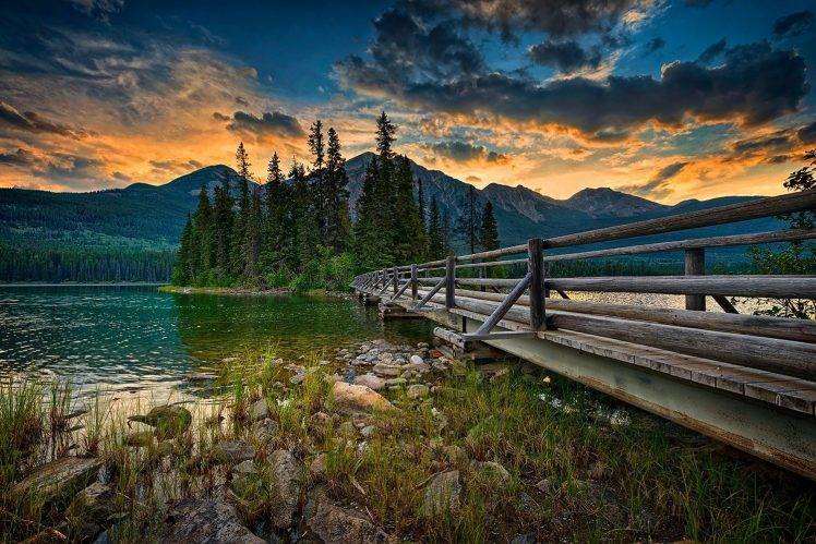 landscape, Nature, Jasper National Park, Canada, Lake, Island, Mountain, Sky, Clouds, Sunset, Bridge, Trees, Summer HD Wallpaper Desktop Background