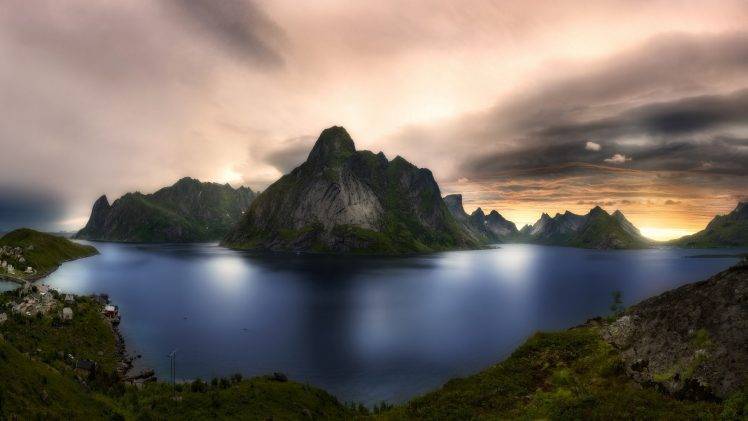 nature, Landscape, Sunrise, Fjord, Island, Summer, Clouds, Lofoten, Norway, Village, Sky, Mountain HD Wallpaper Desktop Background