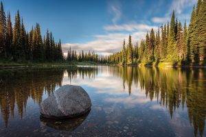 landscape, Nature, Lake, Sunset, Forest, Water, Reflection, Trees, British Columbia, Canada, Calm