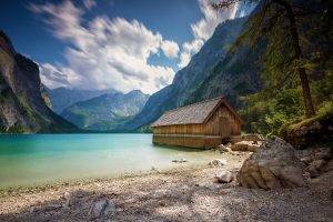 landscape, Nature, Boathouses, Lake, Summer, Mountain, Alps, Clouds, Trees, Beach