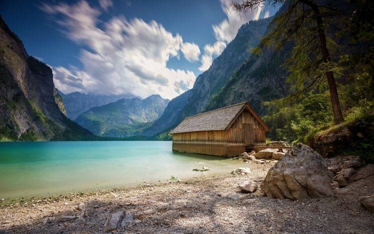 landscape, Nature, Boathouses, Lake, Summer, Mountain, Alps, Clouds, Trees, Beach HD Wallpaper Desktop Background